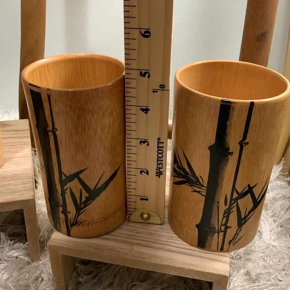 Angel Bamboo Cup Set Of 4 Tall 2‎ Short Handpainted Bamboo Drinking Cups Vintage